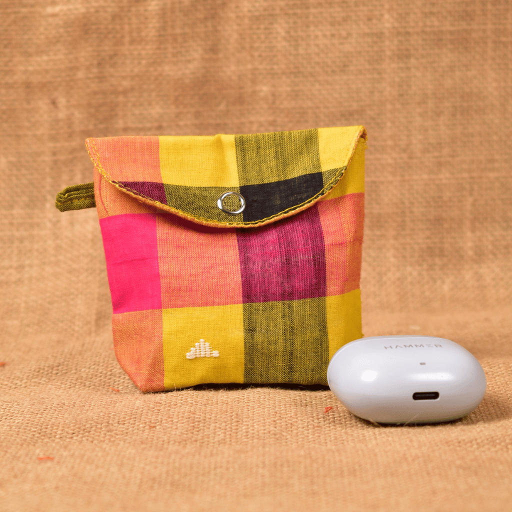 Yellow Handloom Cotton Earbuds Pouch with Snap Button Closure - front