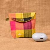Yellow Handloom Cotton Earbuds Pouch with Snap Button Closure - front
