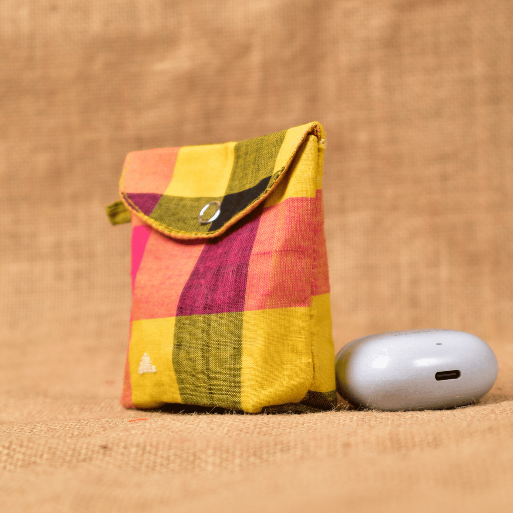 Yellow Handloom Cotton Earbuds Pouch with Snap Button Closure - side