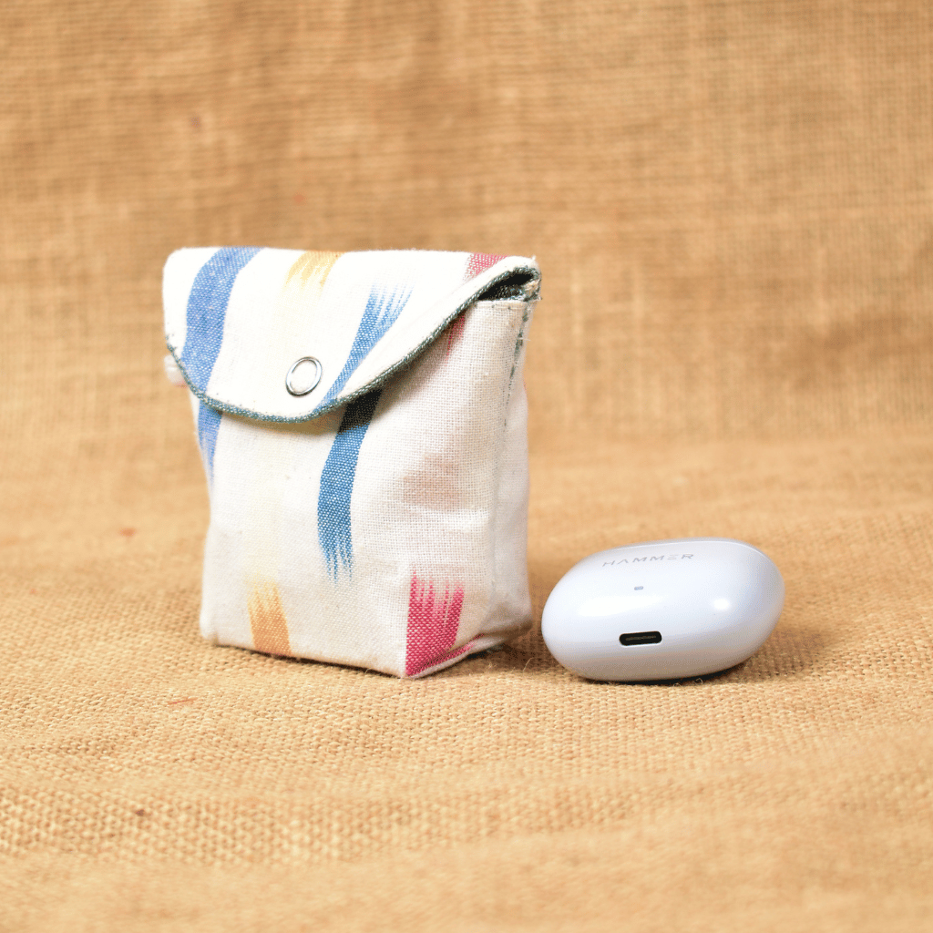 White Handloom Cotton Earbuds Pouch with Snap Button Closure - side