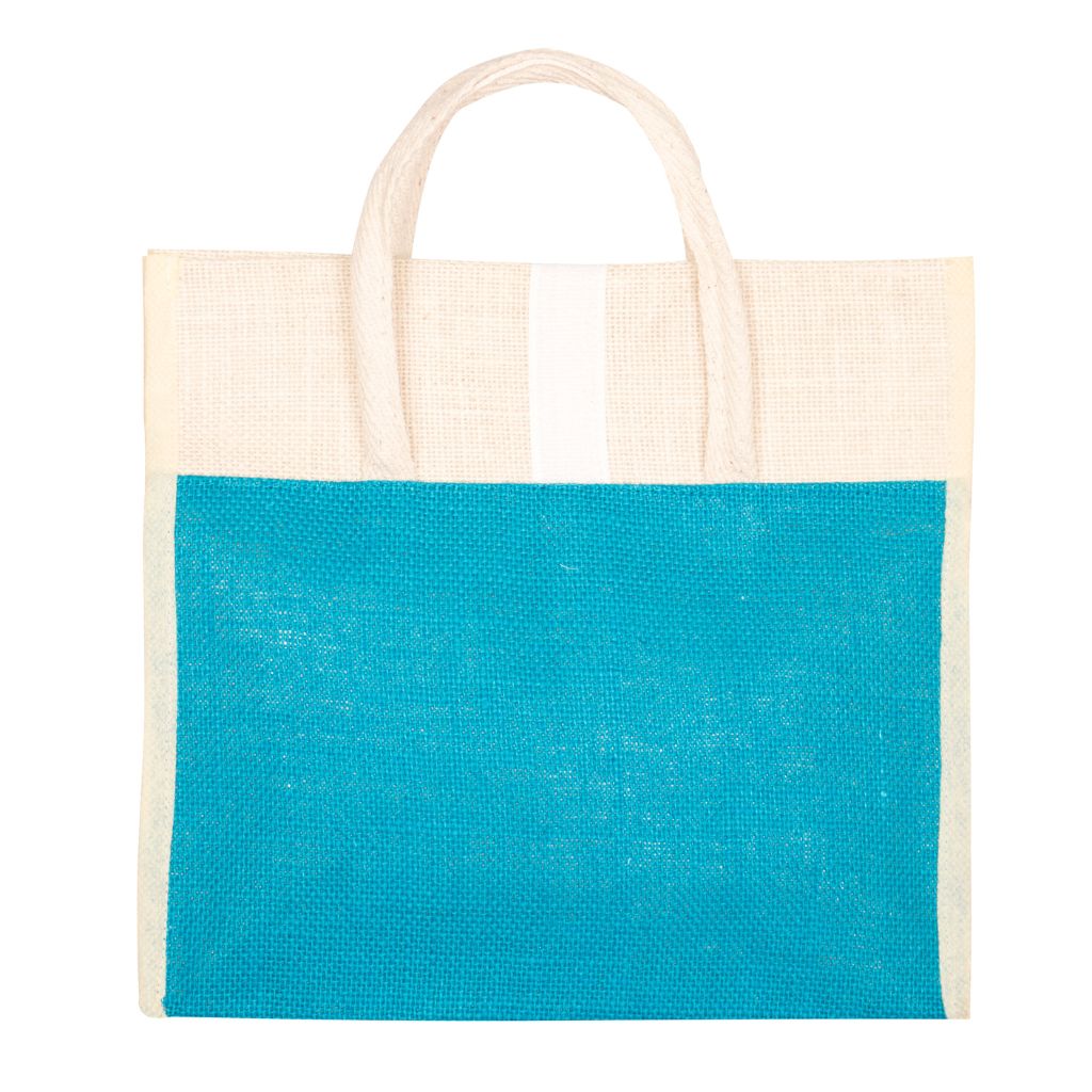 Blue jute lunch bag with velcro flap