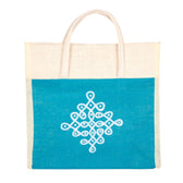 Blue and white jute lunch bag with traditional motif - front