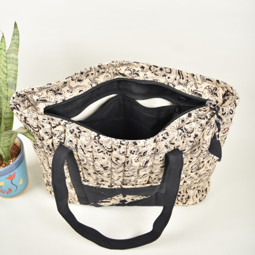 Quilted large laptop bag or overnight travel bag in black and white block print - inside