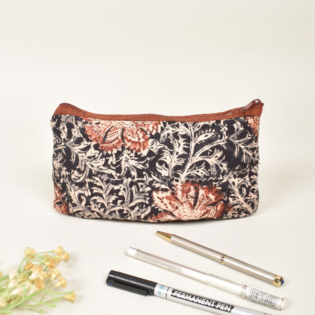 Black and mustard hand block printed pencil pouch with zip