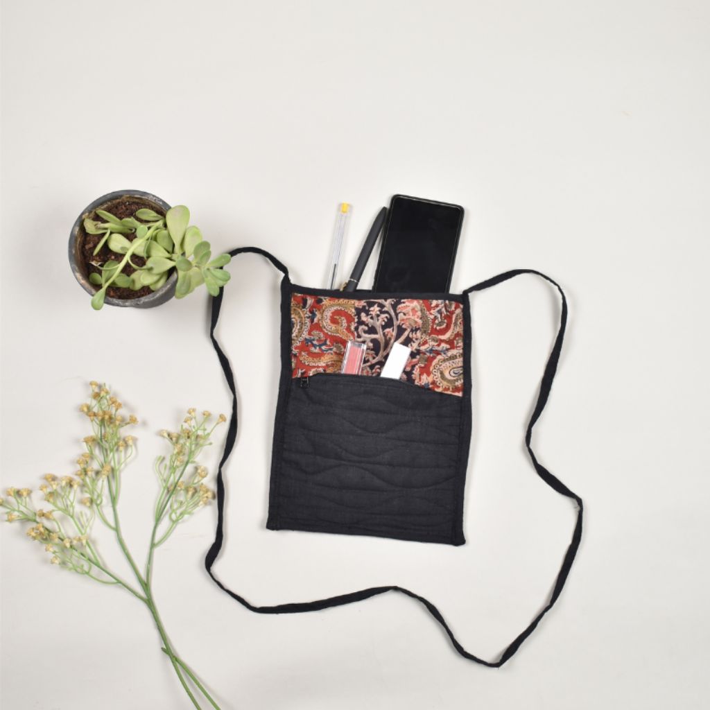 Black mangalagiri cotton sling bag with two zips