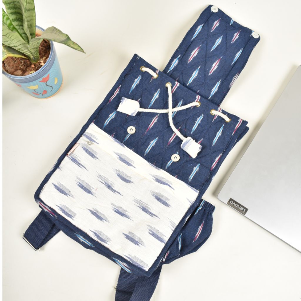 Blue and white ikat backpack laptop bag