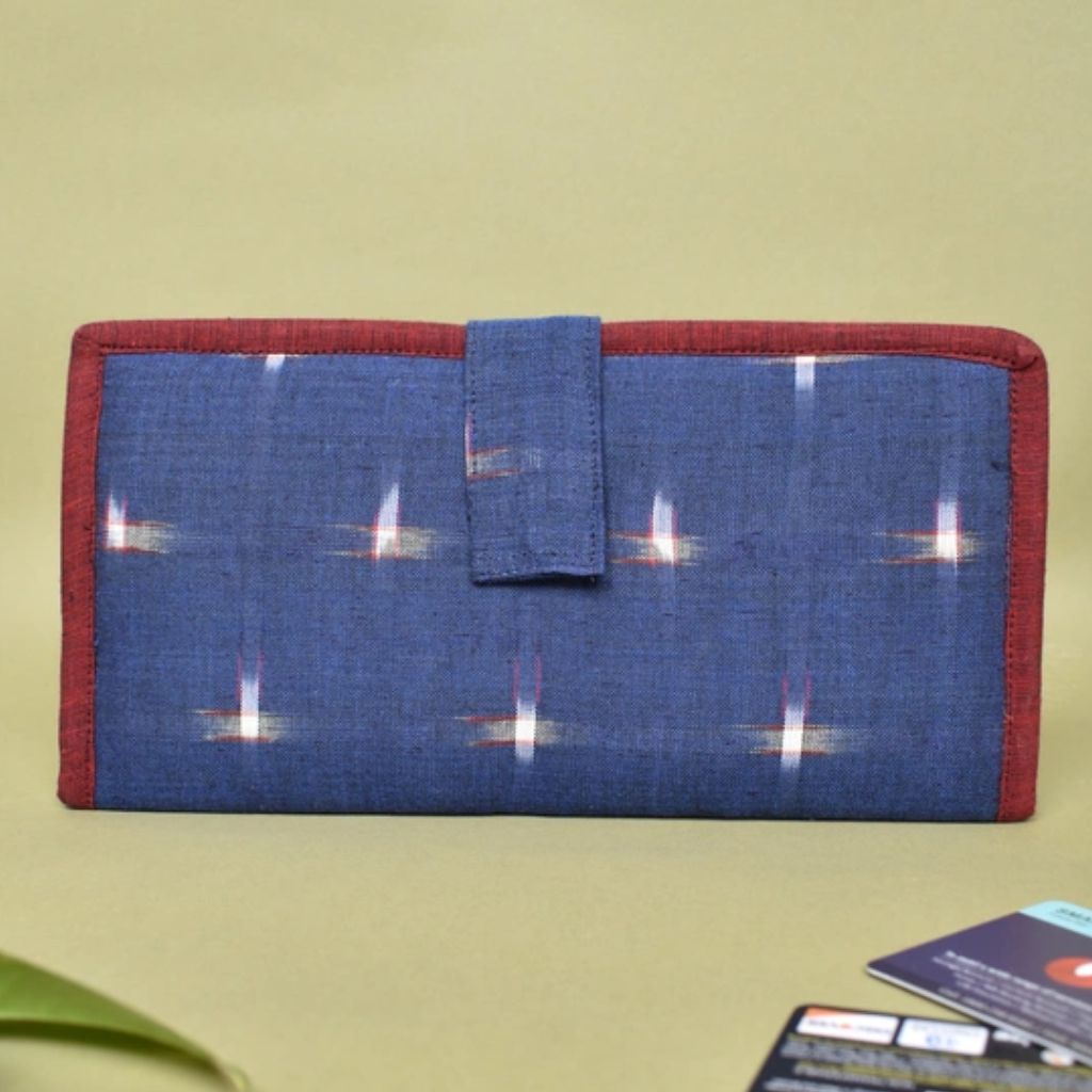 Eco-friendly ladies wallet in jute and ikat cotton weaving in blue