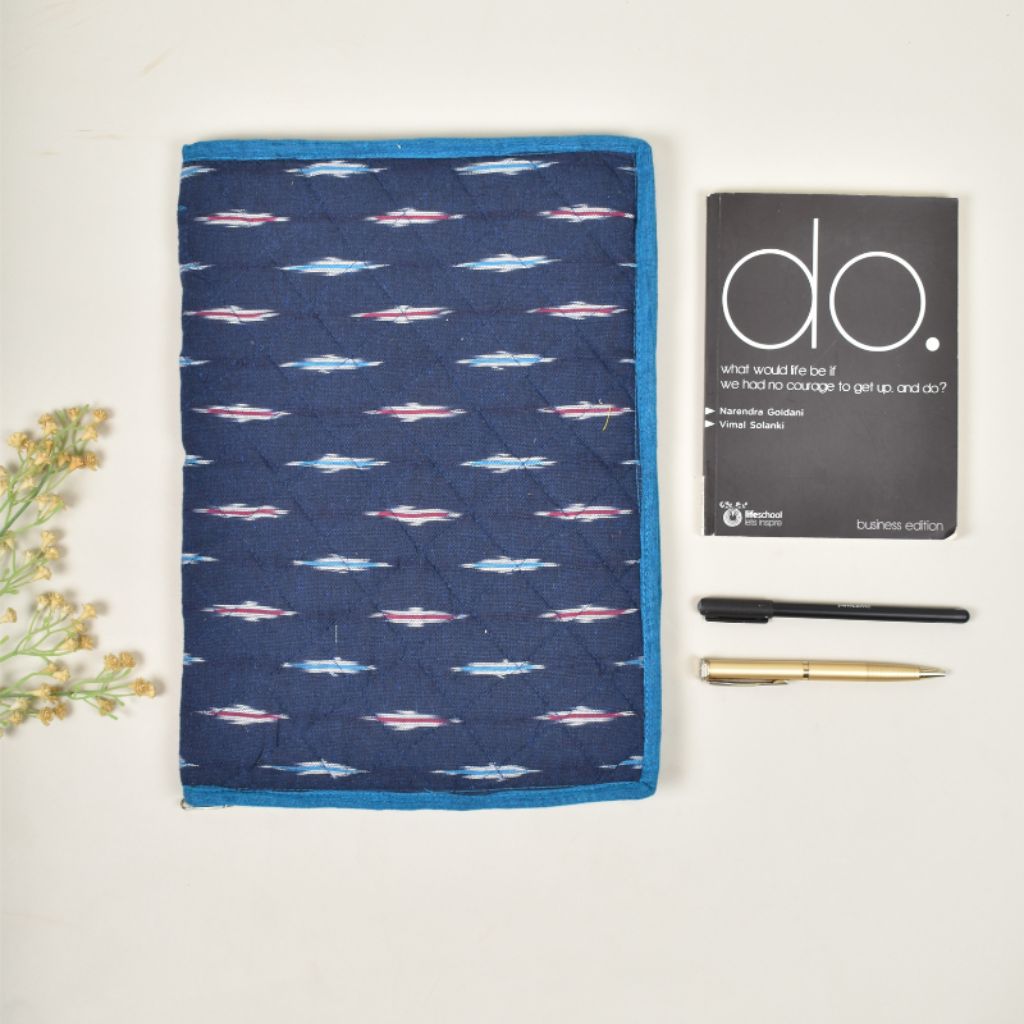 Blue file folder in ikat fabric with a zip