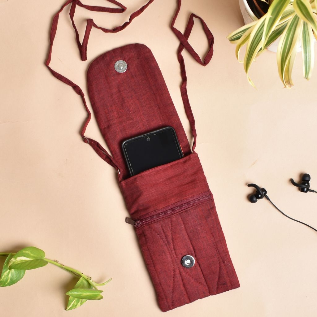 Maroon cotton cell phone pouch