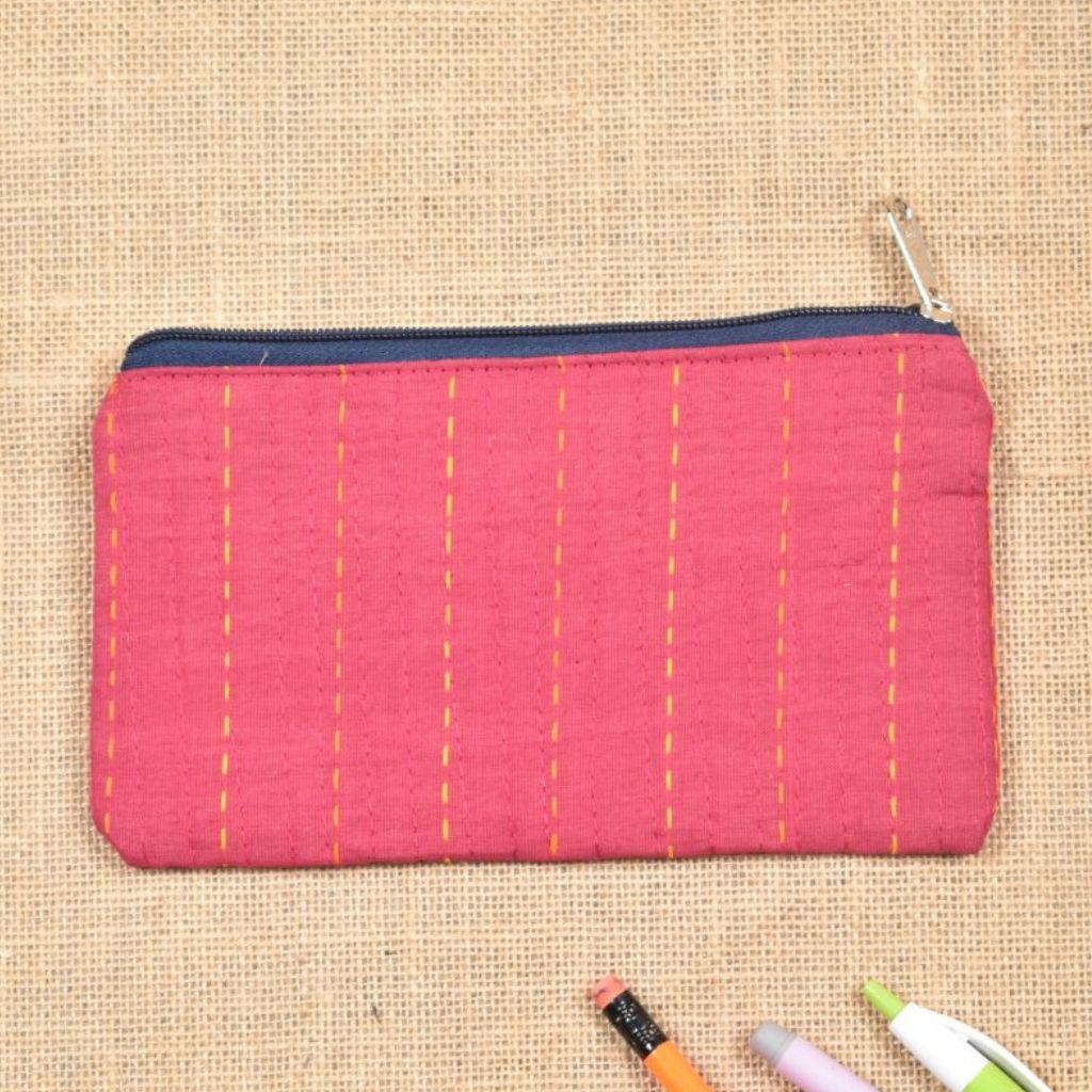Dark pink pencil pouch with hand embroidery