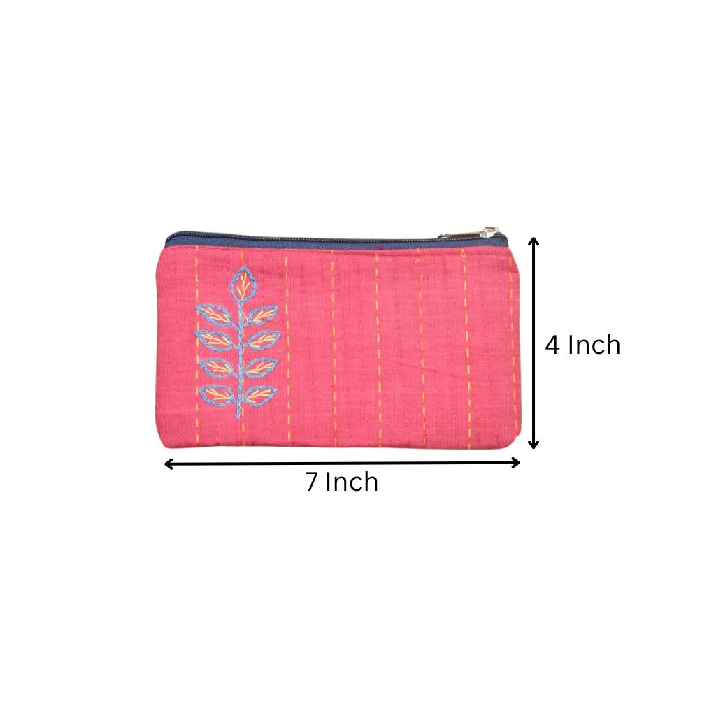 Dark pink pencil pouch with hand embroidery
