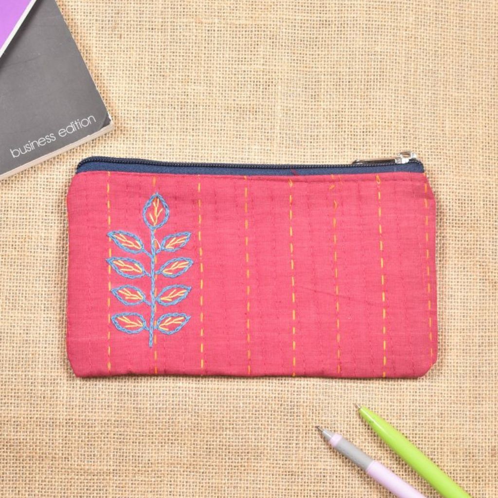 Pink handloom cotton zippered pouch with leaf embroidery