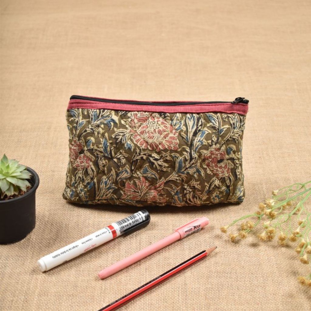 Green hand block printed pencil pouch with zip