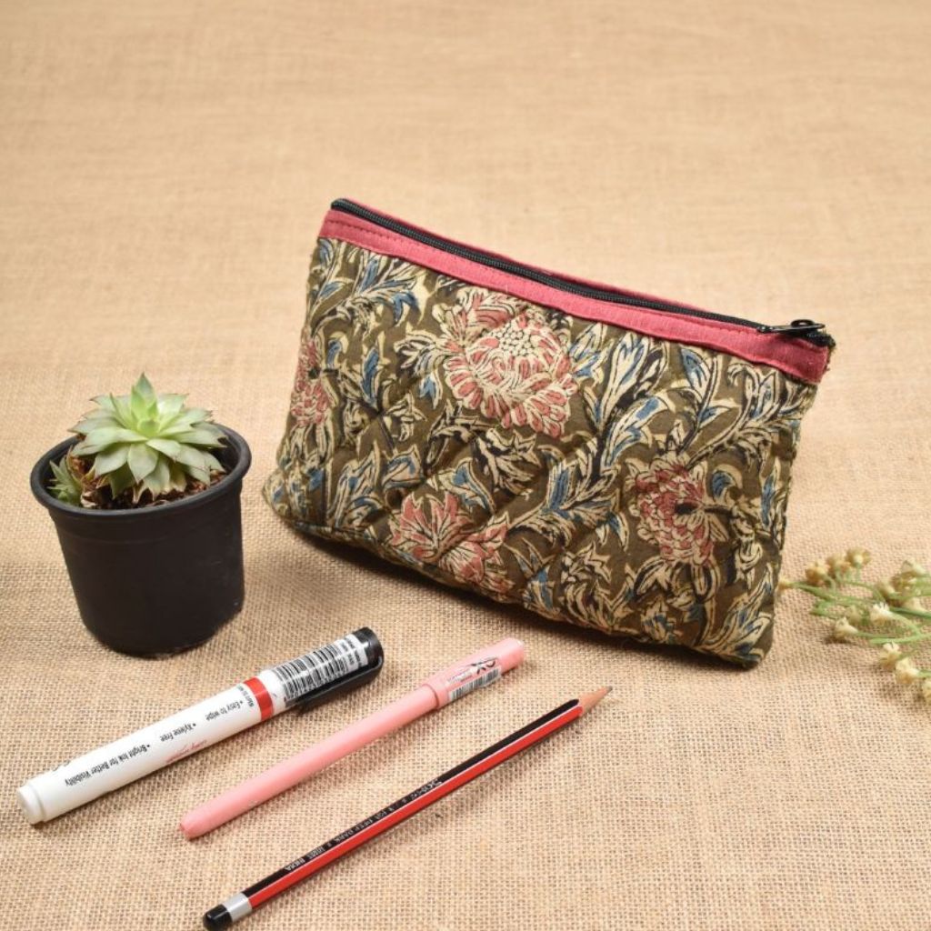 Green kalamkari quilted pouch