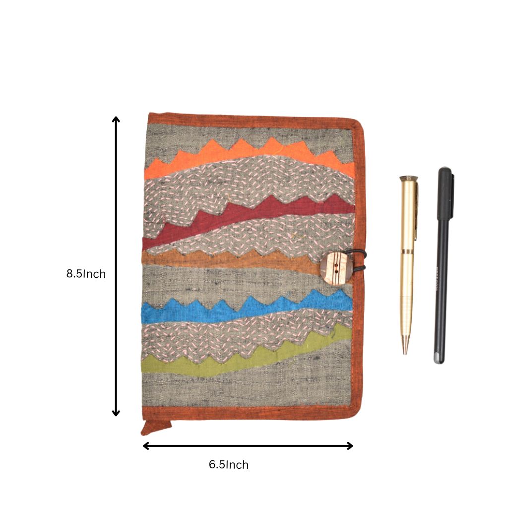 Brown embroidered diary sleeve with hand made paper notebook - dimensions