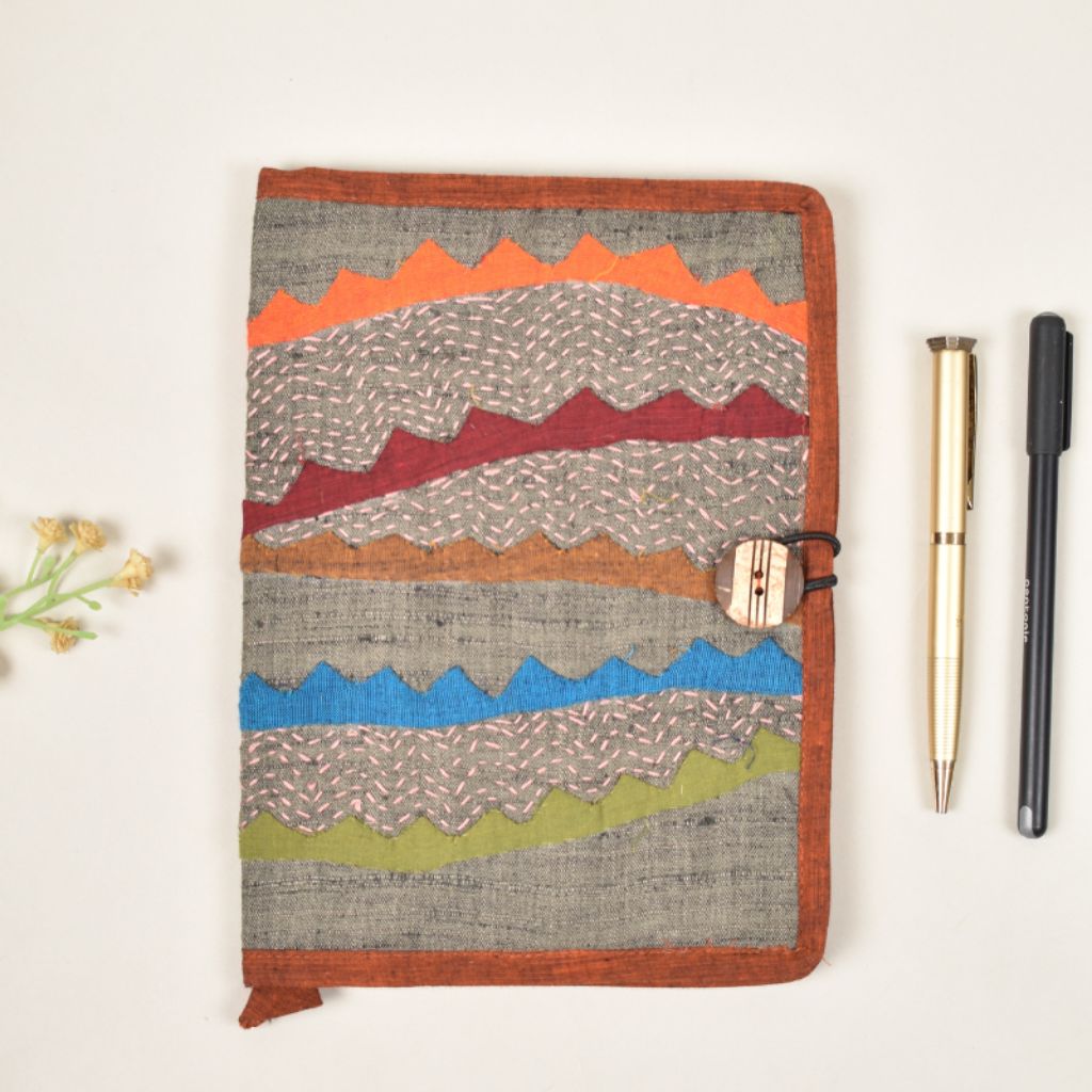 Brown embroidered diary sleeve with hand made paper notebook