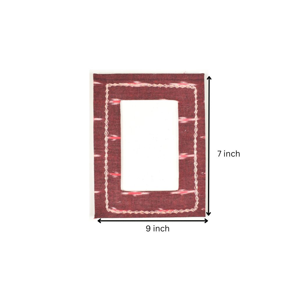 Handmade paper photo frame with maroon fabric covering (6" x 4")