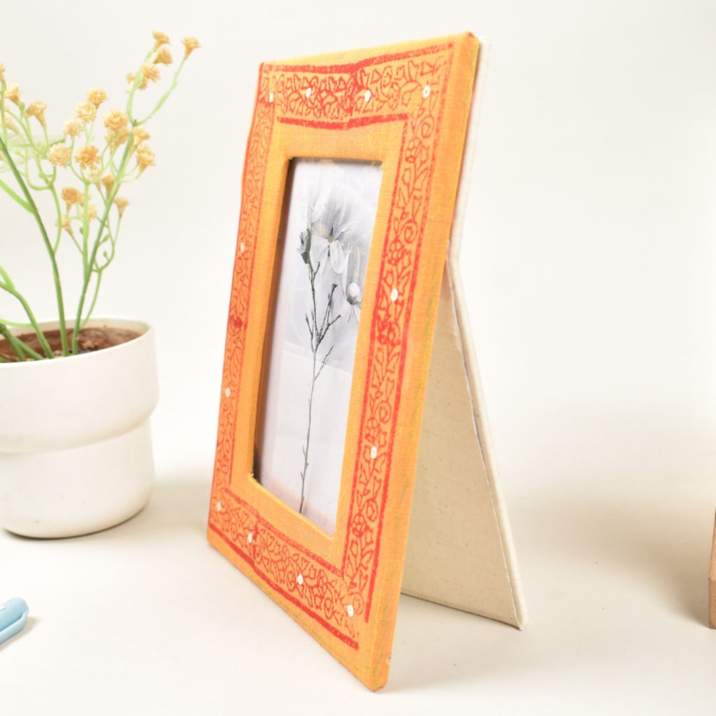 Handmade paper photo frame with yellow block print (4" x 6")
