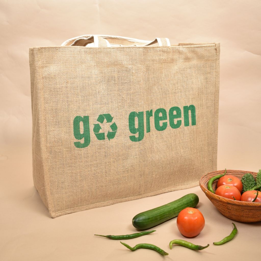 Jute large shopping bag with pockets for vegetables and grocery