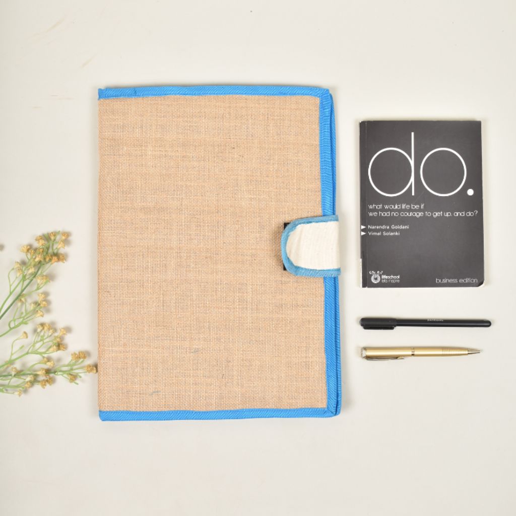 Simple natural jute file folder with a velcro tab and blue piping