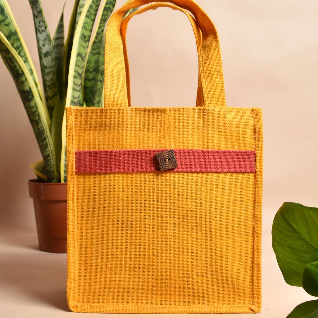 Yellow jute lunch bag with red design stripe