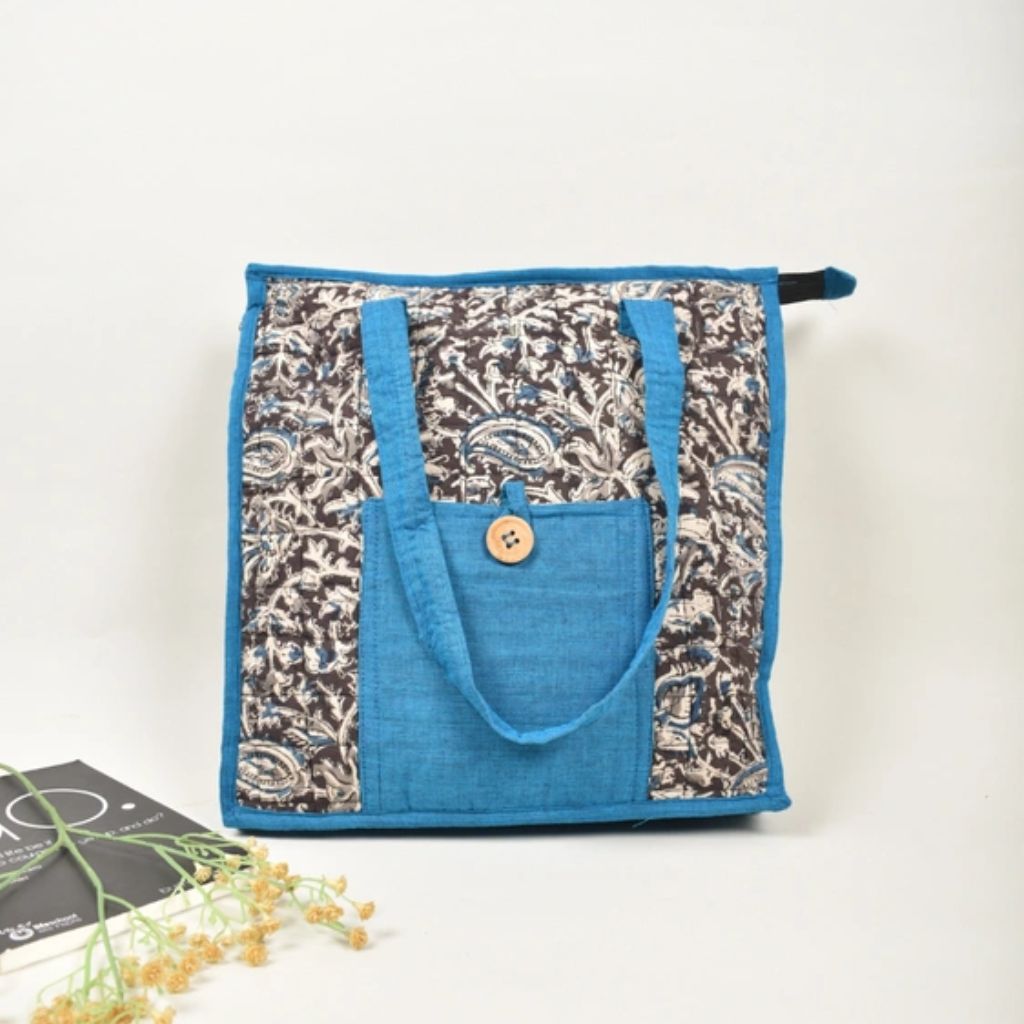 Quilted large tote bag in blue hand block print