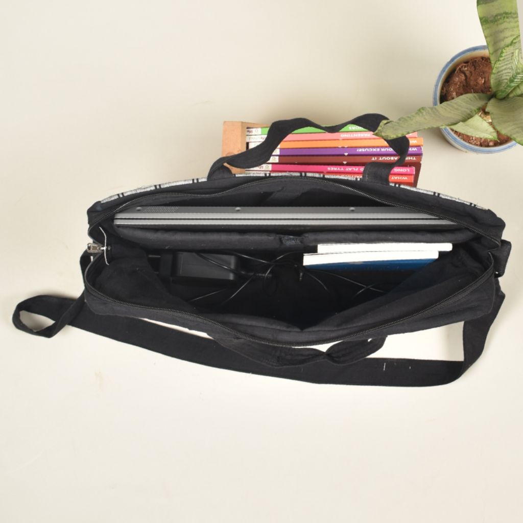 Grey kalamkari laptop bag with cross body strap