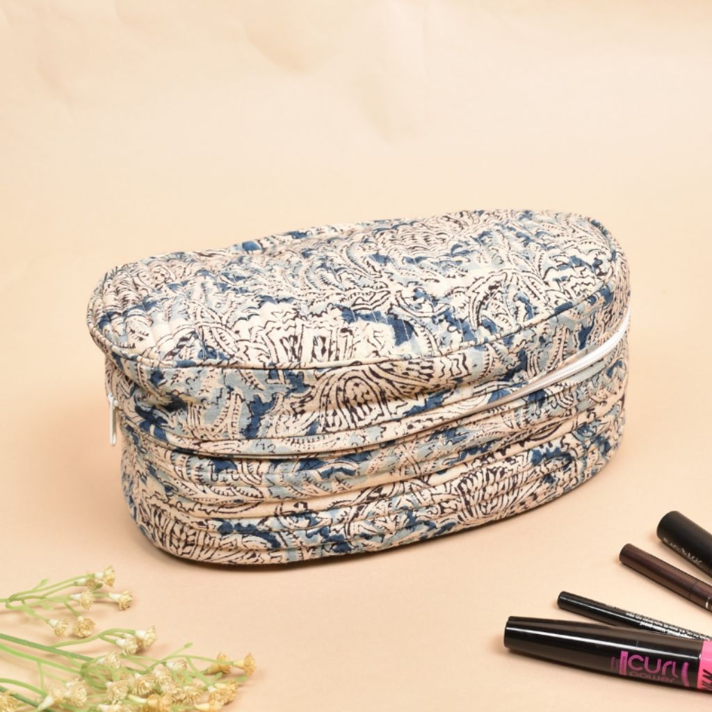 Fabric vanity kit or blue quilted toiletry case in kalamkari cotton
