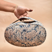 Fabric vanity kit or blue quilted toiletry case in kalamkari cotton - handle