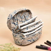 Fabric vanity kit or blue quilted toiletry case in kalamkari cotton - pockets