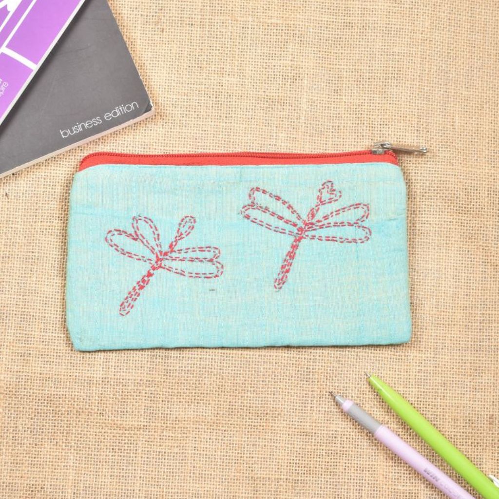 Blue handloom cotton pencil case with dragonfly embroidery