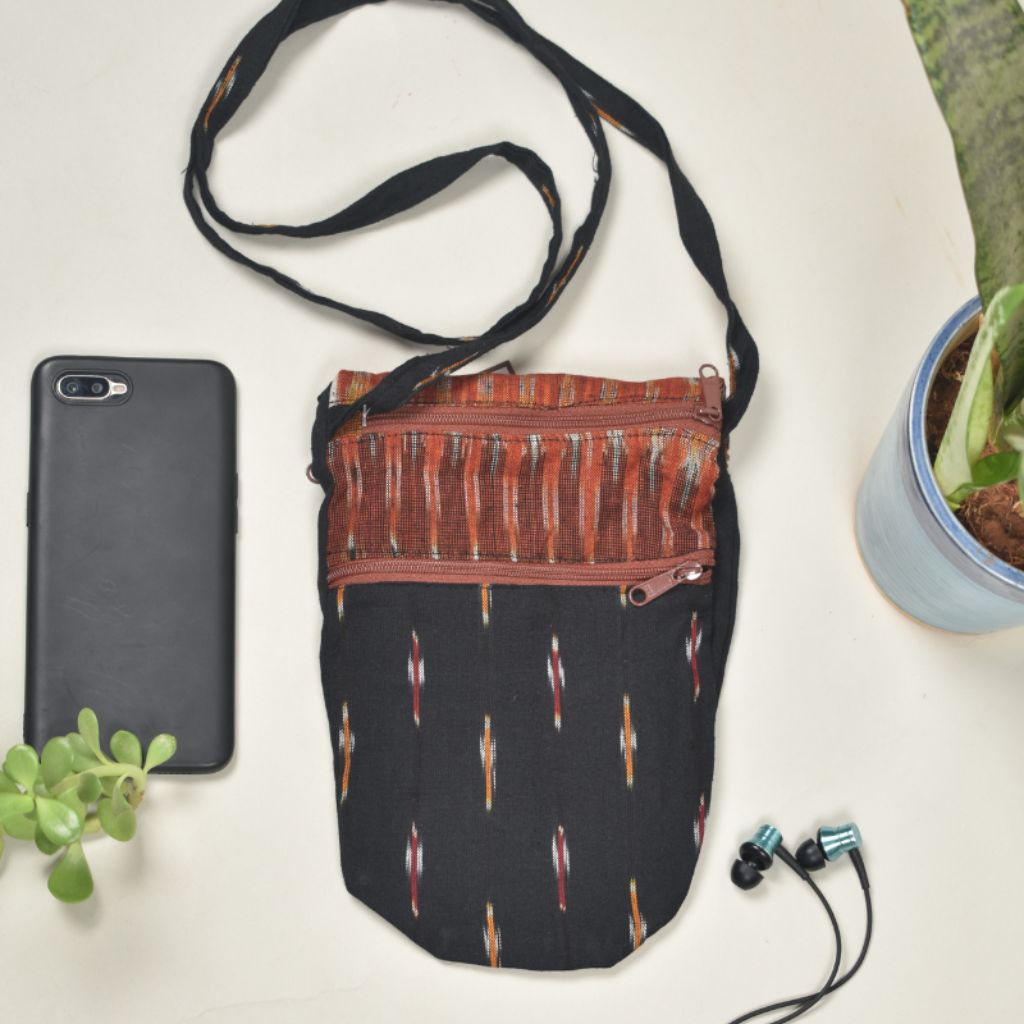 Three pockets cell phone bag in black ikat cotton