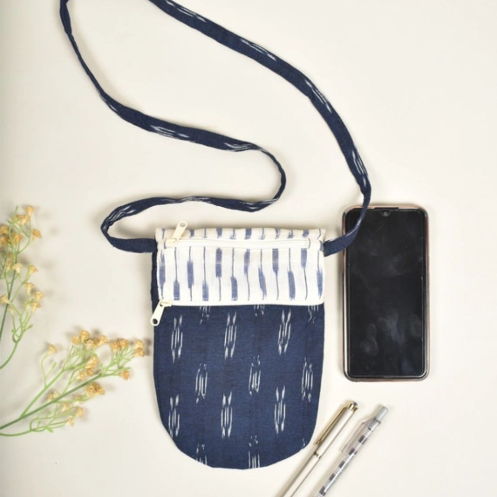 Three pockets cell phone bag in blue ikat cotton