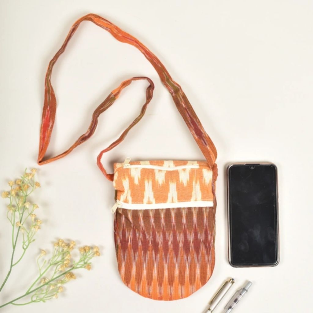 Three pockets cell phone bag in pink ikat cotton