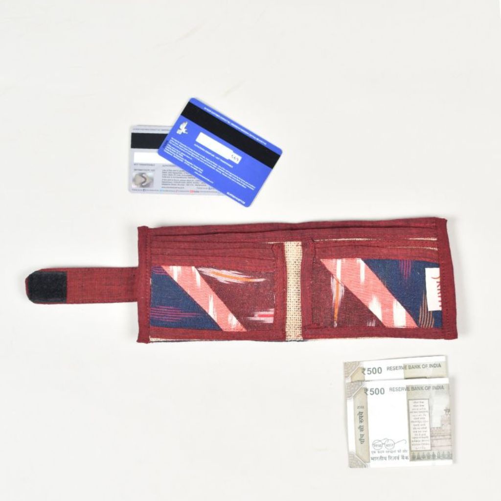 Narrow unisex vegan wallet in maroon ikat
