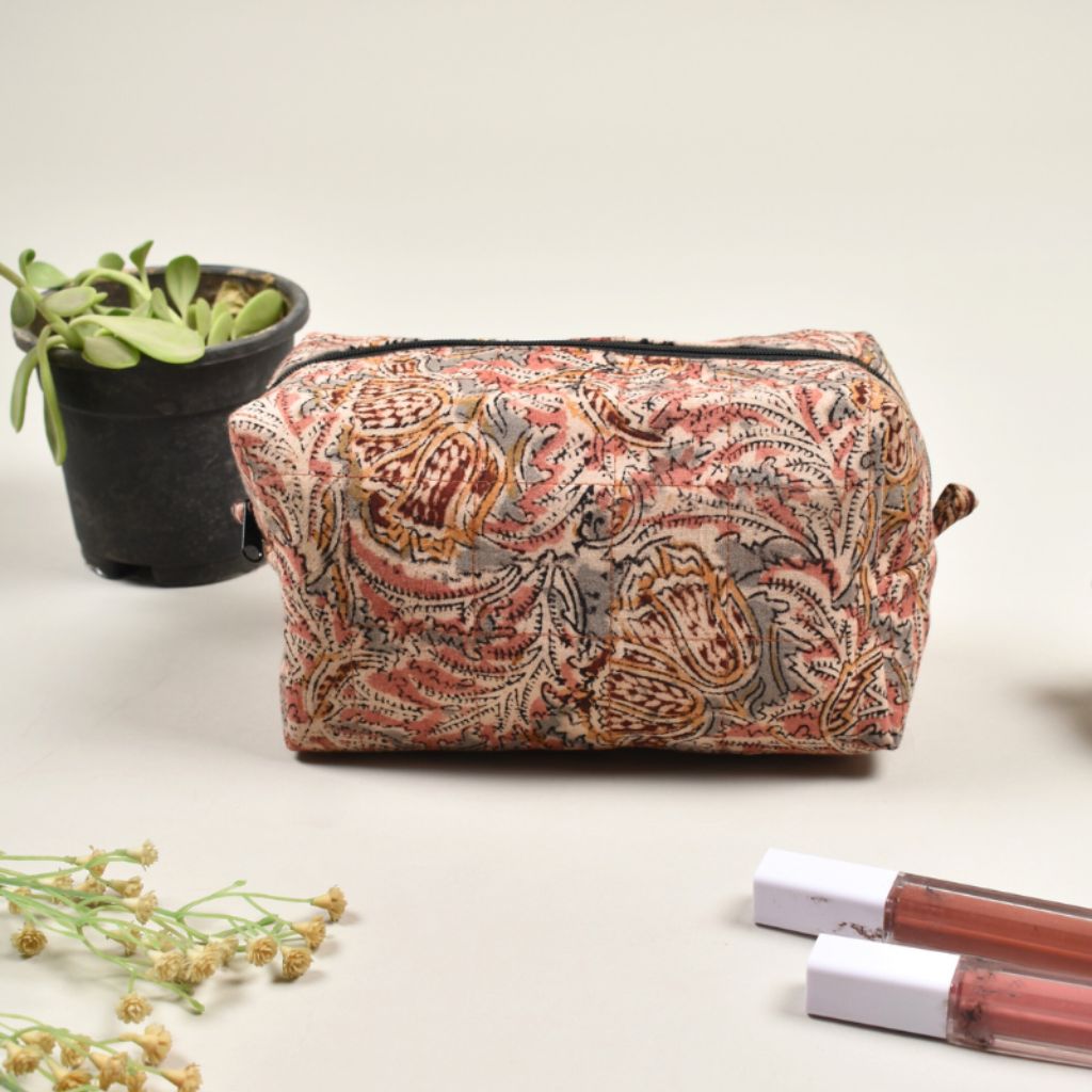 Pink block printed kalamkari travel pouch and make up bag