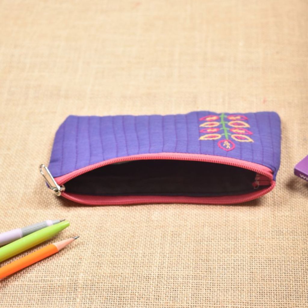Purple pencil pouch with hand embroidery
