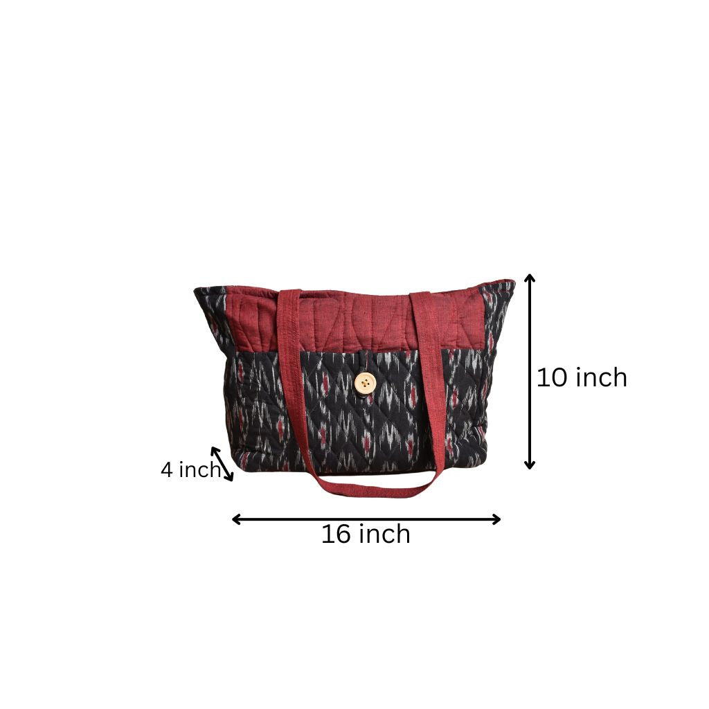 QUILTED BLACK AND RED IKAT PURSE BAG WITH POCKETS