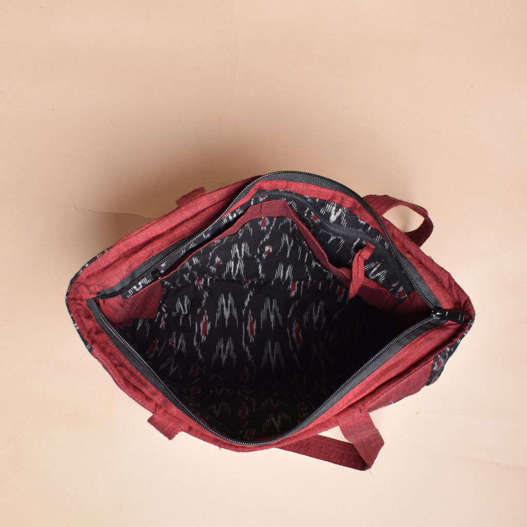 QUILTED BLACK AND RED IKAT PURSE BAG WITH POCKETS