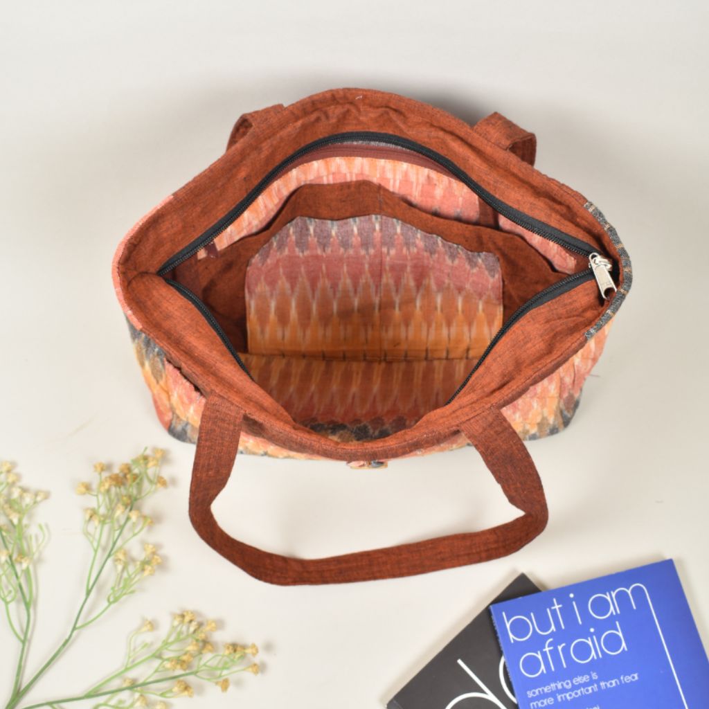 QUILTED RUST AND MAROON IKAT PURSE BAG WITH POCKETS