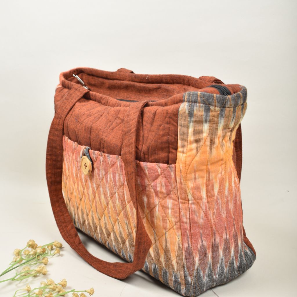 QUILTED RUST AND MAROON IKAT PURSE BAG WITH POCKETS