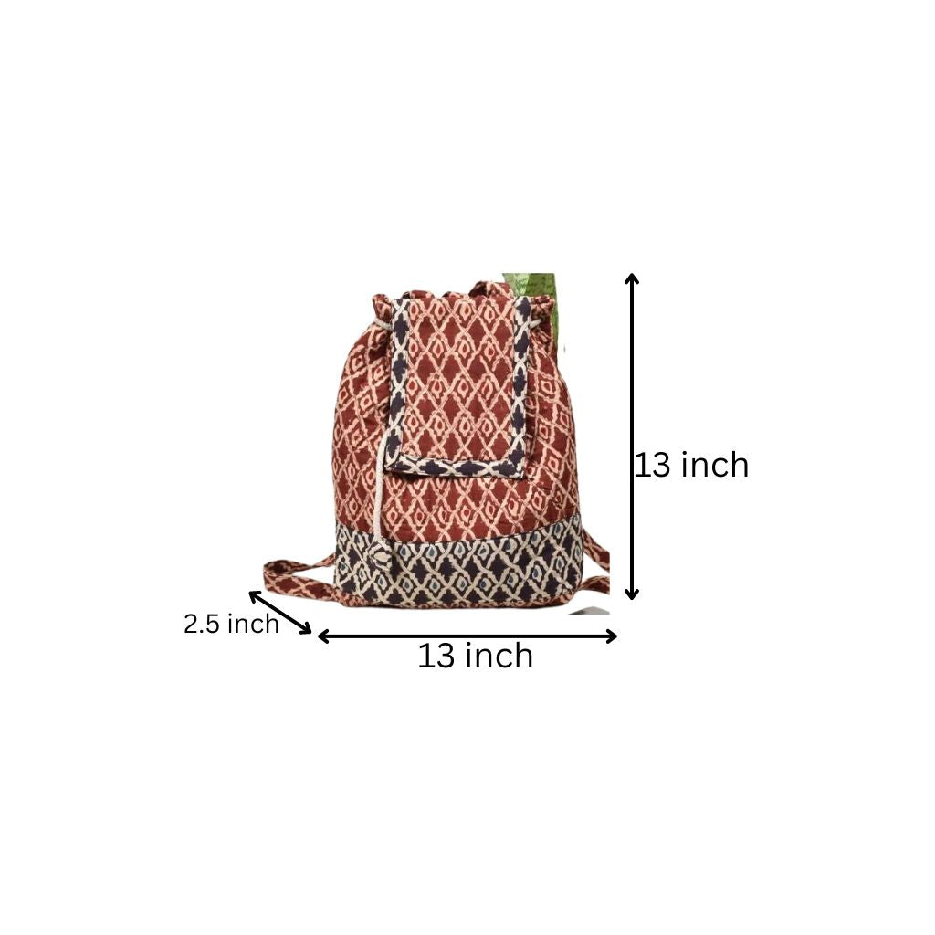Quilted backpack bag in brown hand block print - dimensions