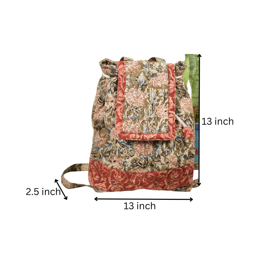 Quilted green kalamkari backpack bag