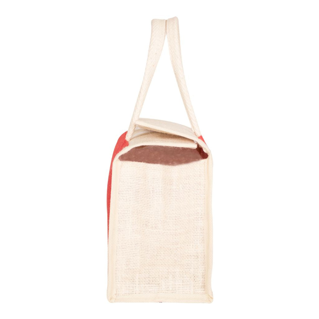 Red jute lunch bag with velcro flap