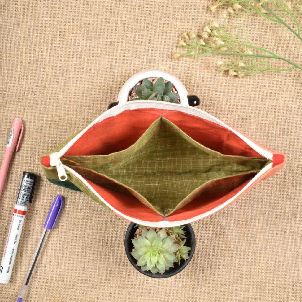 Red and green pencil pouch with pockets inside
