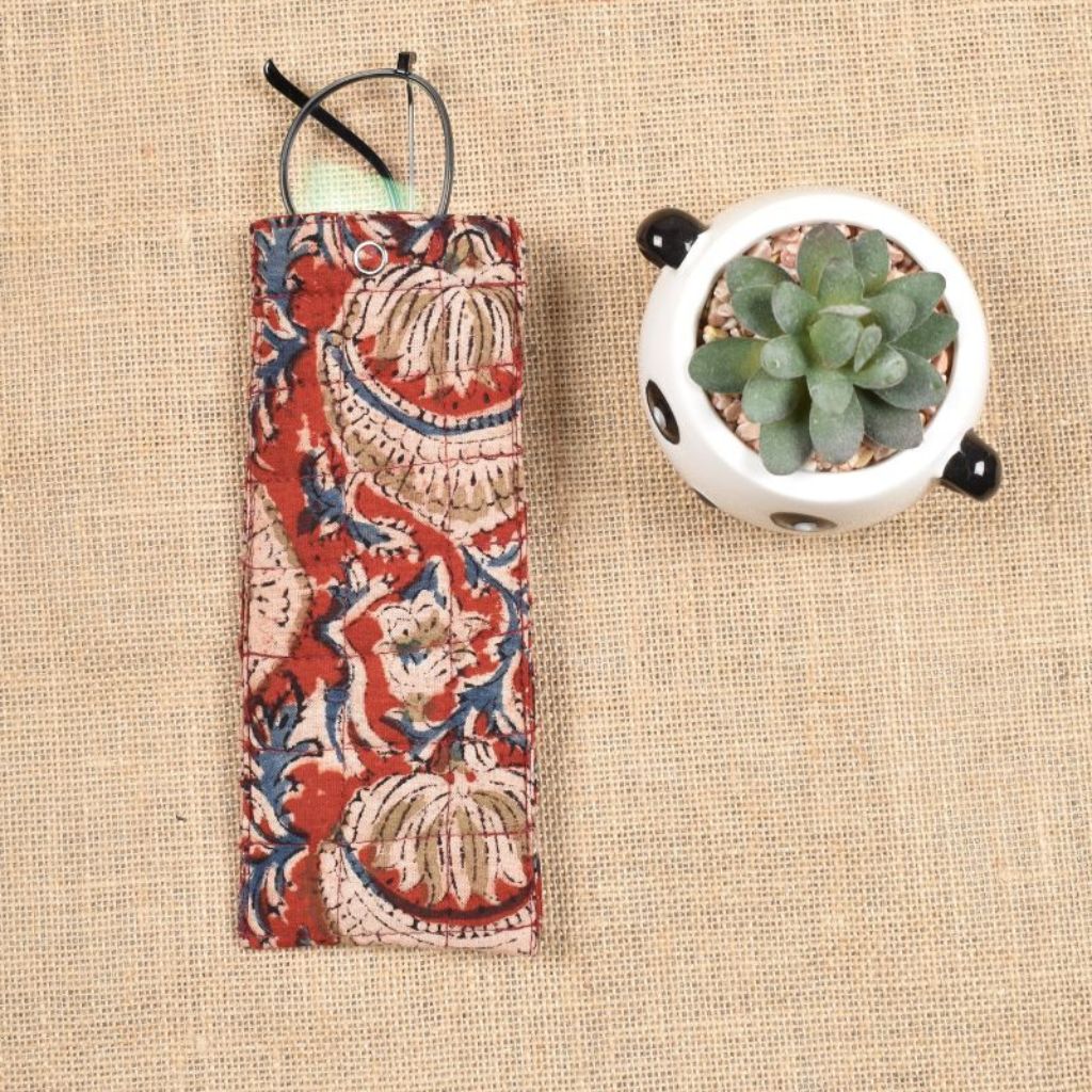 Quilted spectacle case in red block printed cotton