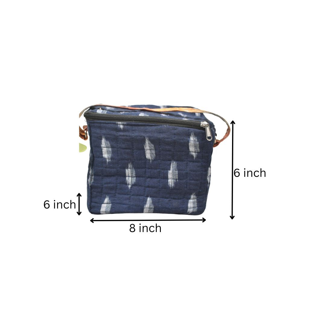 Blue ikat lunch bag or picnic bag with zip closure