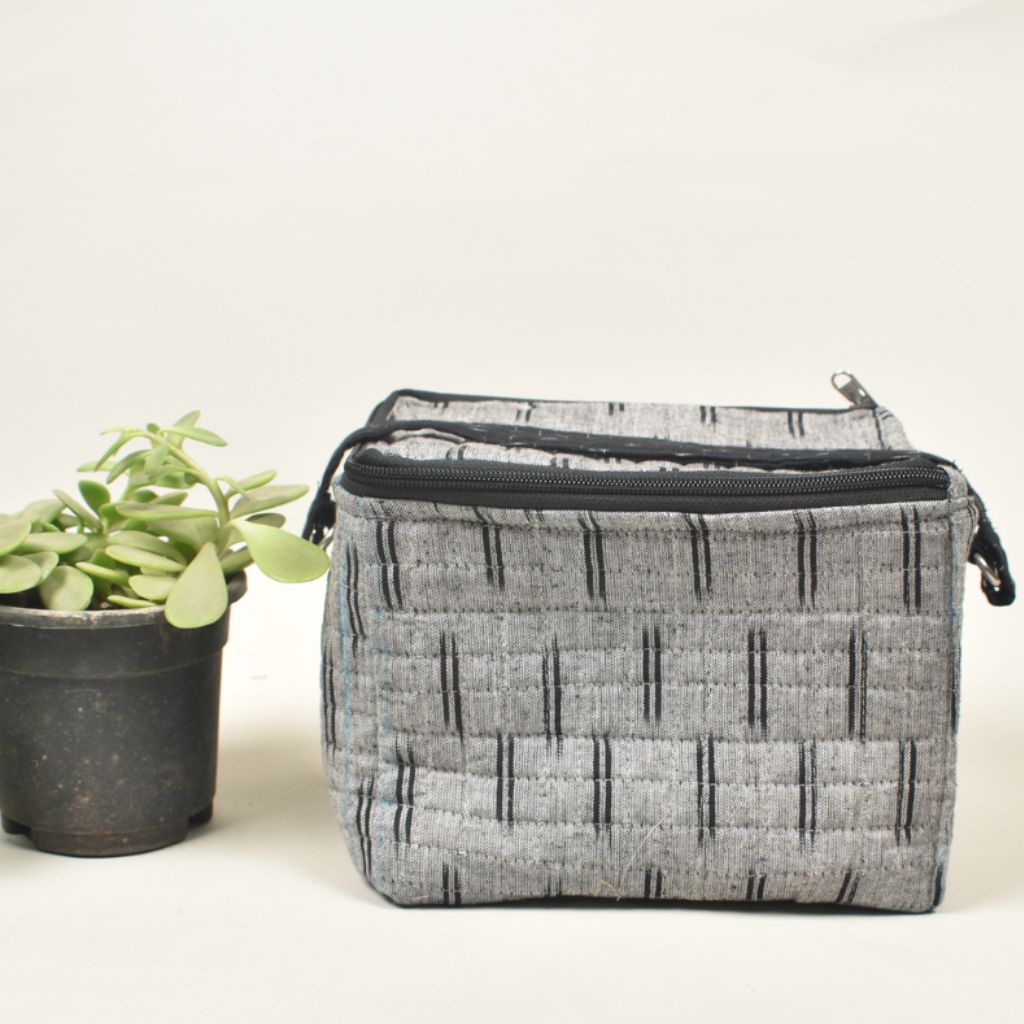Grey kalamkari lunch cum picnic bag - handle