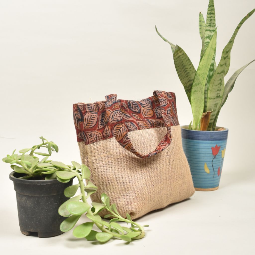 Soft jute tambulam or gift bag with Red Kalamakri print