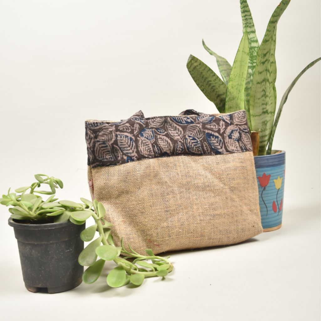 Natural jute bag with block print fabric and velcro closure